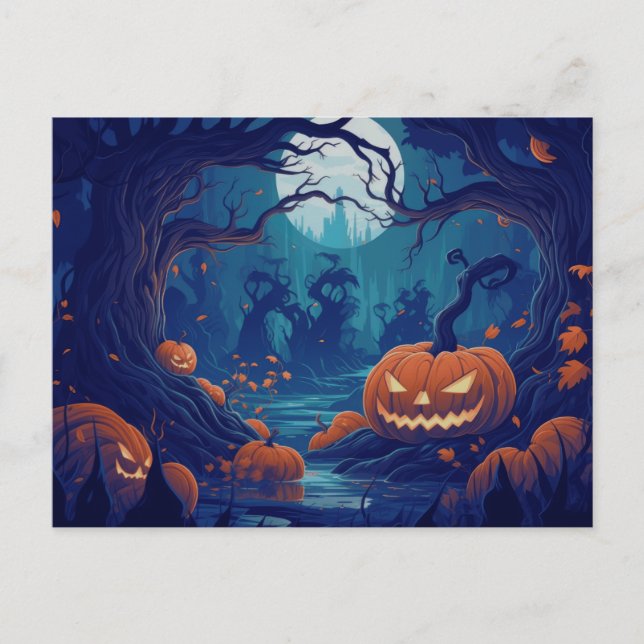 Cartes Pour Fêtes Annuelles Forêt déplaisante avec Jack O' Lanterns Halloween (Devant)