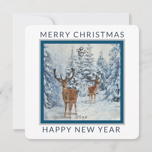 Cartes Pour Fêtes Annuelles Forêt d'hiver carré avec cerf | Noël (Devant)