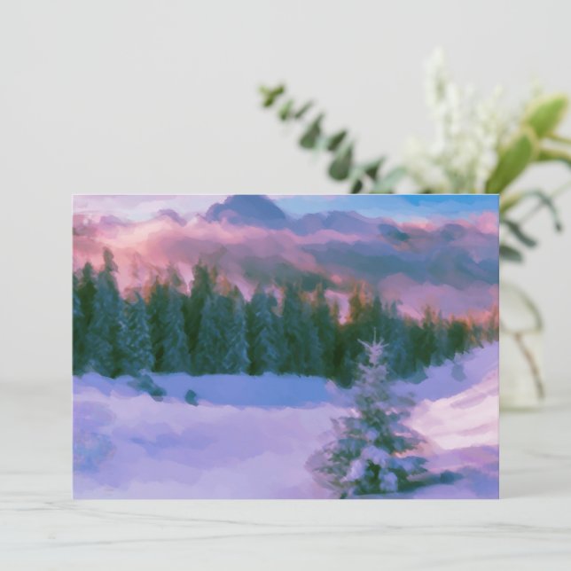 Cartes Pour Fêtes Annuelles Forêt D'Hiver Firs Purple Lumière Reflétant Sur La (Debout devant)