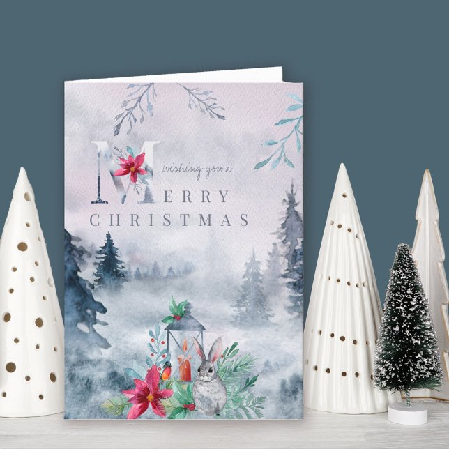 Cartes Pour Fêtes Annuelles Forêt d'hiver Misty Aquarelle chandelle (Elegant watercolor Christmas Card. Buy professionally printed or as printable digital download.)