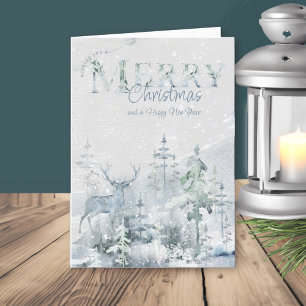 Cartes Pour Fêtes Annuelles Forêt enneigée d'hiver avec cerf Joyeux Noël