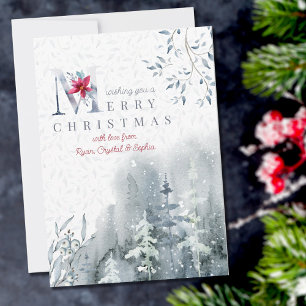 Cartes Pour Fêtes Annuelles Forêt hivernale à l'aquarelle brumeuse et poinsett