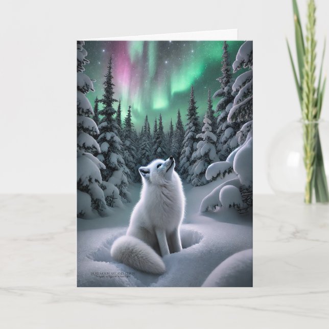 Cartes Pour Fêtes Annuelles Forêt hivernale de Fox arctique Aurora Borealis (Devant)