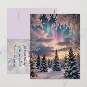 Cartes Pour Fêtes Annuelles Forêt hivernale enneigée, cristaux de glace, auror