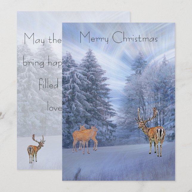 Cartes Pour Fêtes Annuelles Forêt hivernale magique avec cerf, noël (Devant / Derrière)