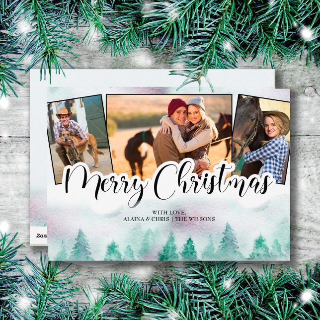 Cartes Pour Fêtes Annuelles Forêt Misty 3 Photo Lettré main Joyeux Noël (Créateur téléchargé)