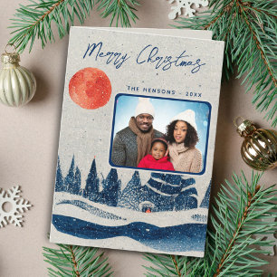 Cartes Pour Fêtes Annuelles Forêt Rustique d'Hiver sous la Lune Photo de Famil