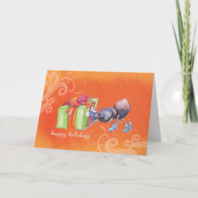 Cartes Pour Fêtes Annuelles Fourmi poussant le cadeau de Noël (Devant)