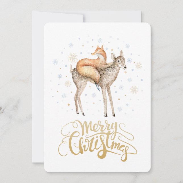 Cartes Pour Fêtes Annuelles Fox Deer hiver neige Joyeux Noël (Devant)