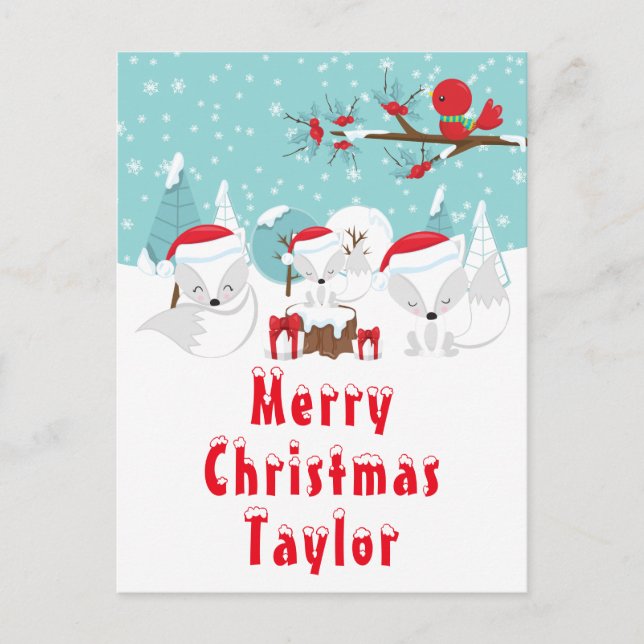 Cartes Pour Fêtes Annuelles Foxes de l'Arctique Noël Bois Joyeux Noël (Devant)