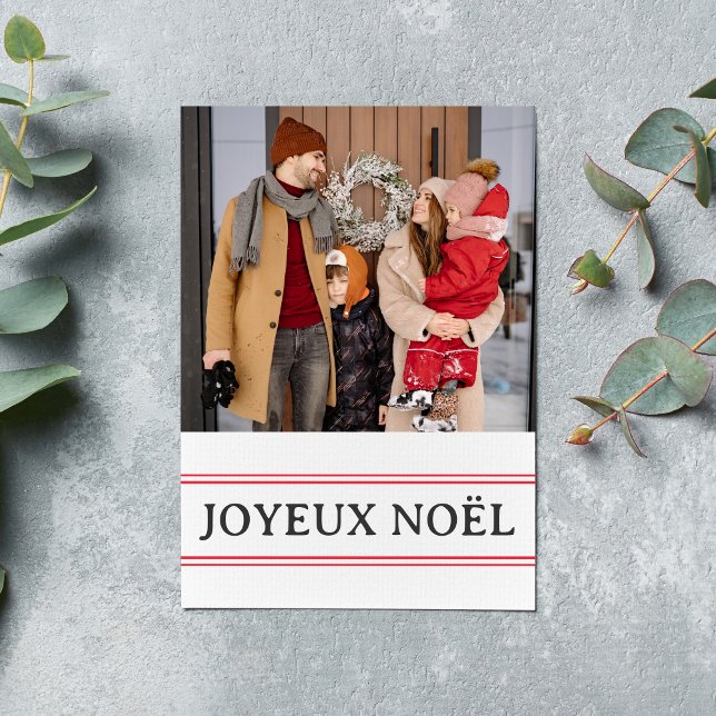 Cartes Pour Fêtes Annuelles French Joyeux Noël Red Stripe Family Photo (Créateur téléchargé)
