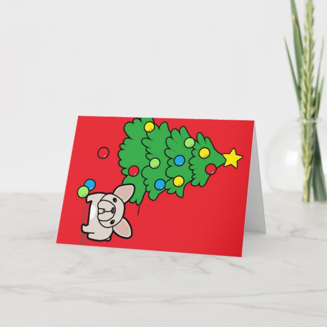 Cartes Pour Fêtes Annuelles Frenchie crème avec l'arbre de Noël sur le rouge (Devant)