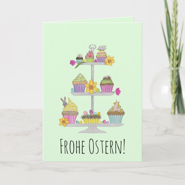 Cartes Pour Fêtes Annuelles Frohe Ostern Allemand Pâques aquarelle Cupcakes (Devant)