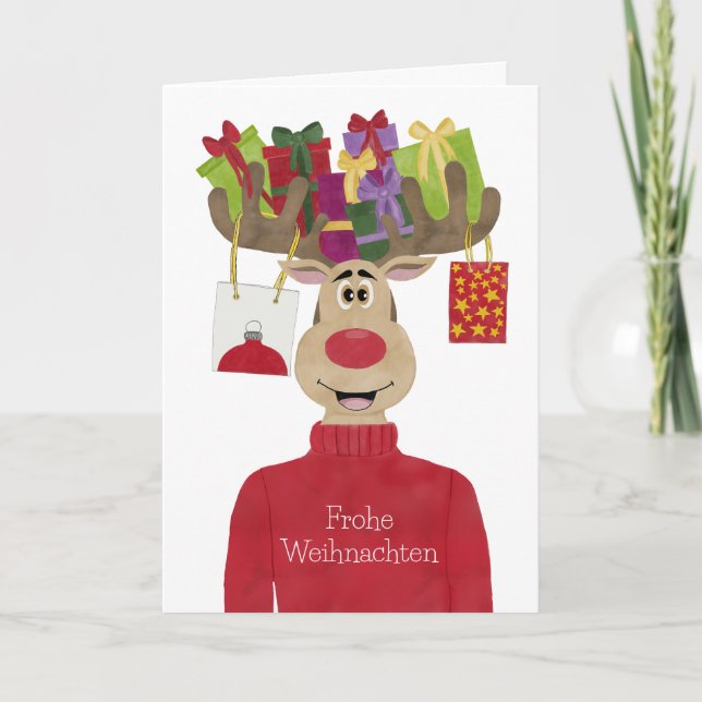 Cartes Pour Fêtes Annuelles Frohe Weihnachten Allemand Cadeaux de Noël Reindee (Devant)