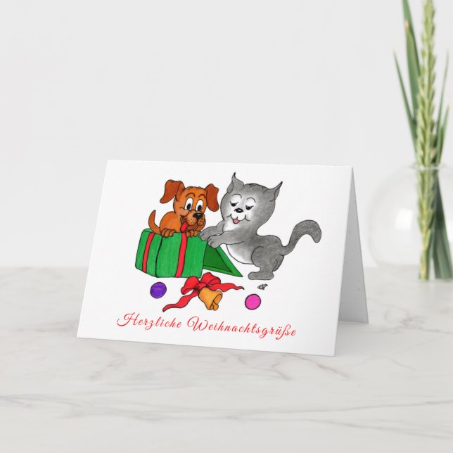 Cartes Pour Fêtes Annuelles Fröhliche Weihnachten, Hund und Katze auf Deutsch (Devant)