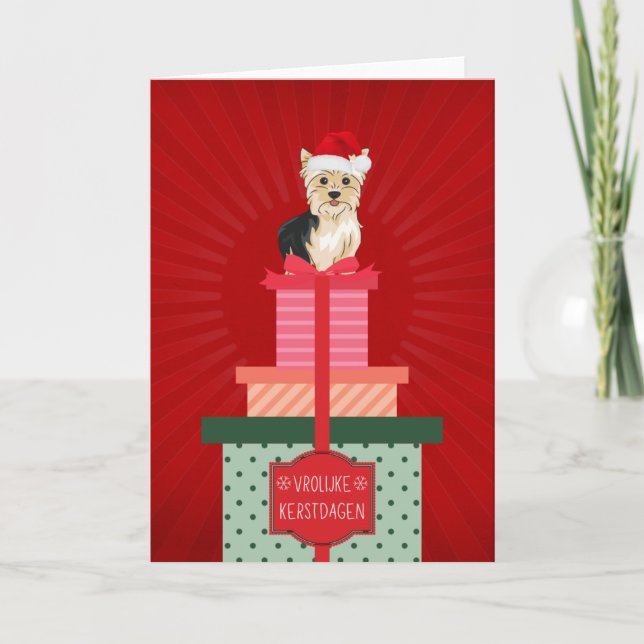 Cartes Pour Fêtes Annuelles Frolijke Kerstdaagen Yorkie Hond Cadeautjes Kerst (Devant)