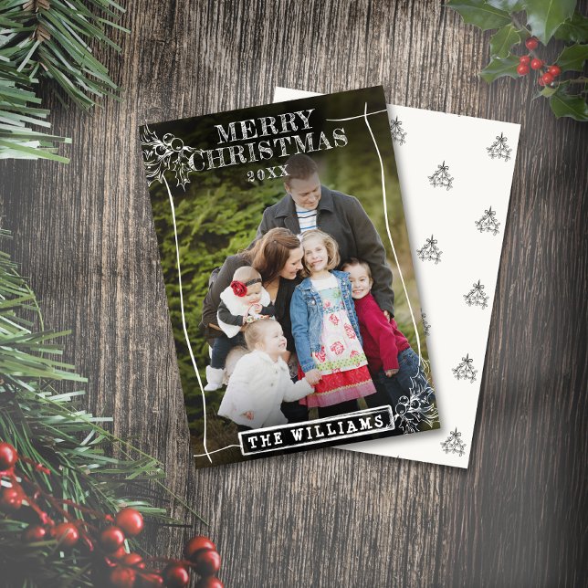 Cartes Pour Fêtes Annuelles Frontière de Noël rustique Nom de famille Photo de (Rustic Christmas Border Family Name Family Photo Holiday Card)