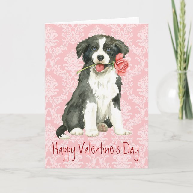 Cartes Pour Fêtes Annuelles Frontière Rose Valentine Collie (Devant)