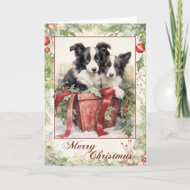 Cartes Pour Fêtes Annuelles Frontière vintage Collie Noël (Devant)