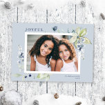Cartes Pour Fêtes Annuelles Frosty Winter Berries Holiday<br><div class="desc">This elegant and classic holiday photo card feobjets a beautiful watercolor frame of delicate foliage and berries on a lovely dusty blue background. This design accommodates a single horizontalement photo on the front. The greeting on the front says "JOYFUL" in a classic serif serif font, which is completely editable. La...</div>