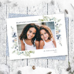Cartes Pour Fêtes Annuelles Frosty Winter Foliage Holiday<br><div class="desc">This elegant and classic holiday photo card objets a beautiful watercolor frame of delicate foliage and berries. This design accommodates a single horizontalement photo on the front. The greeting on the front says "happiest holidays" in a classic serif font, which is completely editable. La mémoire de la carte est un...</div>