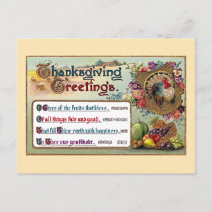 Cartes Pour Fêtes Annuelles Fruits d'automne et Turquie Thanksgiving Vintage
