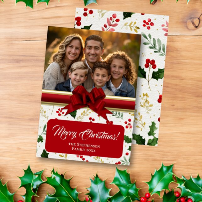 Cartes Pour Fêtes Annuelles Fruits de Noël personnalisés Holly Berries et Red  (holly berries and bow custom photo christmas card
)