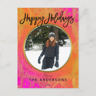 Cartes Pour Fêtes Annuelles Fuchsia Rose Orange & Or Mandala Holiday Photo