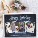 Cartes Pour Fêtes Annuelles Fun Calligraphie Blue Wood 3 Photo<br><div class="desc">Moderne Fun Calligraphie Script Joyeux Vacances 3 Photo Carte de vacances - Rustique Pays Bleu Bois</div>