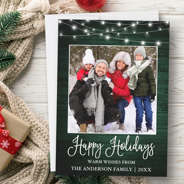 Cartes Pour Fêtes Annuelles Fun Calligraphie Vert Lumière en Bois Photo (Customize to add text to back of card.)