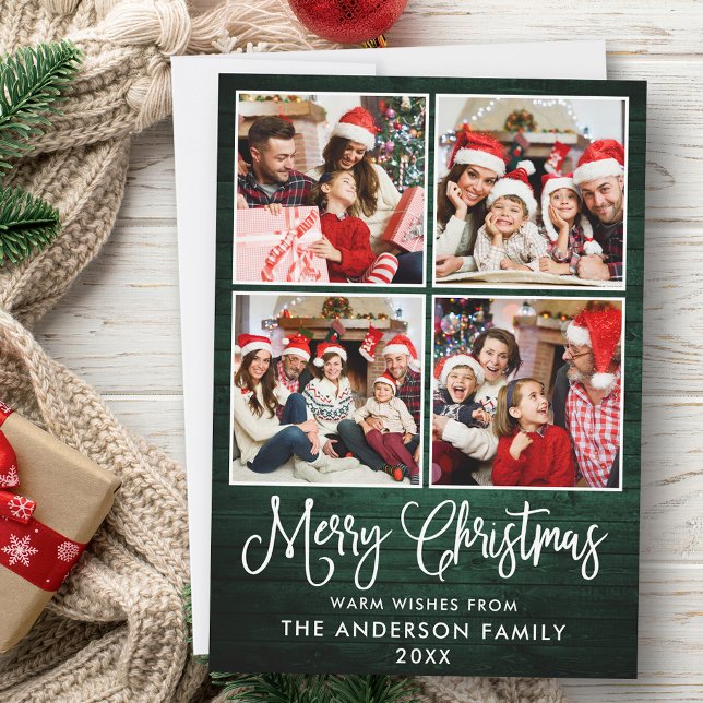 Cartes Pour Fêtes Annuelles Fun Calligraphy Christmas Green Wood 4 Photos (Customize to add text to back of card.)
