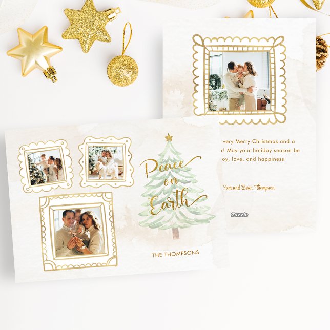 Cartes Pour Fêtes Annuelles Fun Gold Doodle Frame Peace on Earth 3-Photo (Créateur téléchargé)