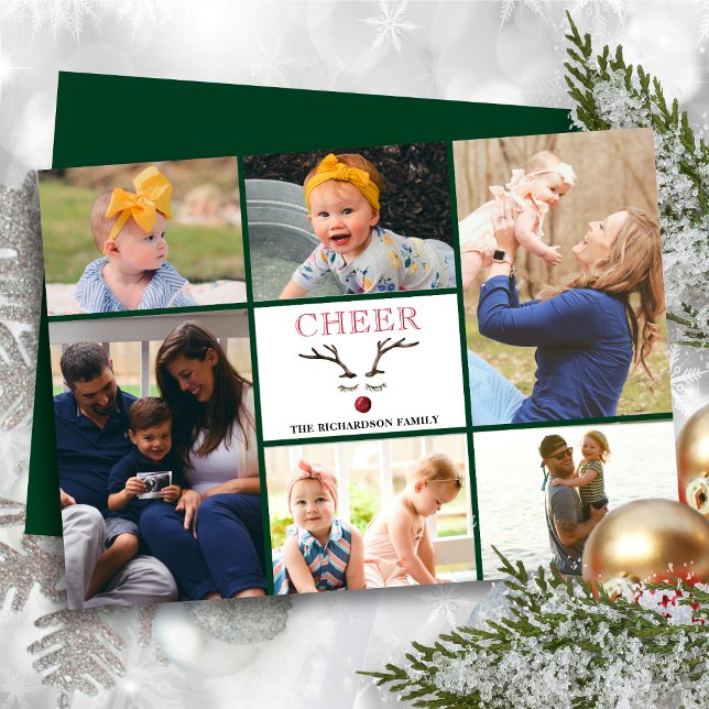 Cartes Pour Fêtes Annuelles Fun Red Script CHEER Whimsical Reinder Photo (Créateur téléchargé)