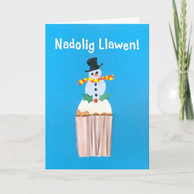 Cartes Pour Fêtes Annuelles Fun Welsh Christmas Card, Cupcake avec Snowman (Devant)