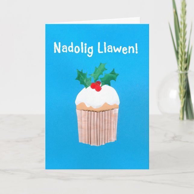 Cartes Pour Fêtes Annuelles Fun Welsh Language Christmas Card Cupcake, Holly (Devant)