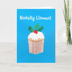 Cartes Pour Fêtes Annuelles Fun Welsh Language Christmas Card Cupcake, Holly