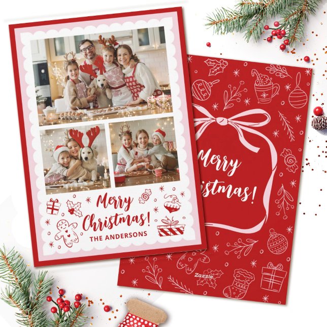 Cartes Pour Fêtes Annuelles Fun Whimsical Christmas Holiday 3 Family Photo (Personalize a cute, whimsical 3 photo Christmas card for you family and friends.)