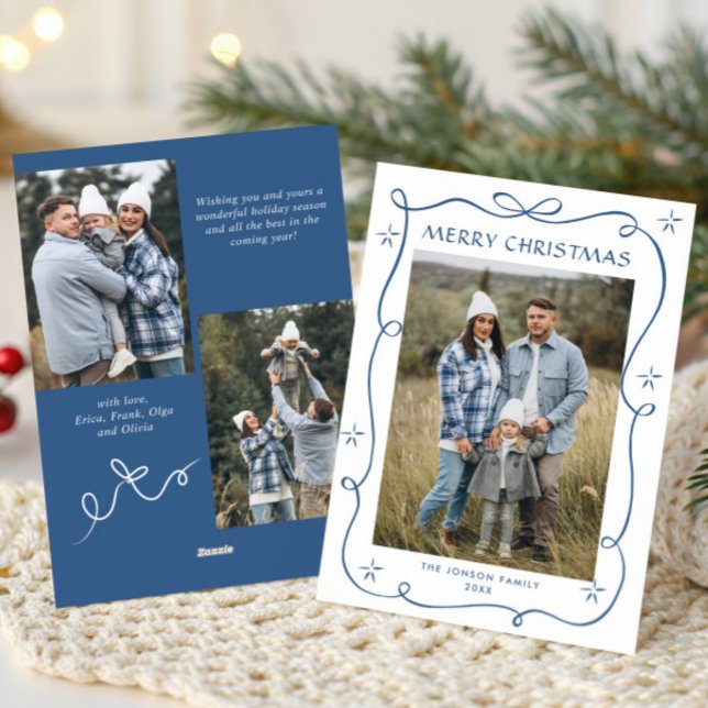 Cartes Pour Fêtes Annuelles Funky Blue Christmas Bow Ribbon 3 Photo (Créateur téléchargé)