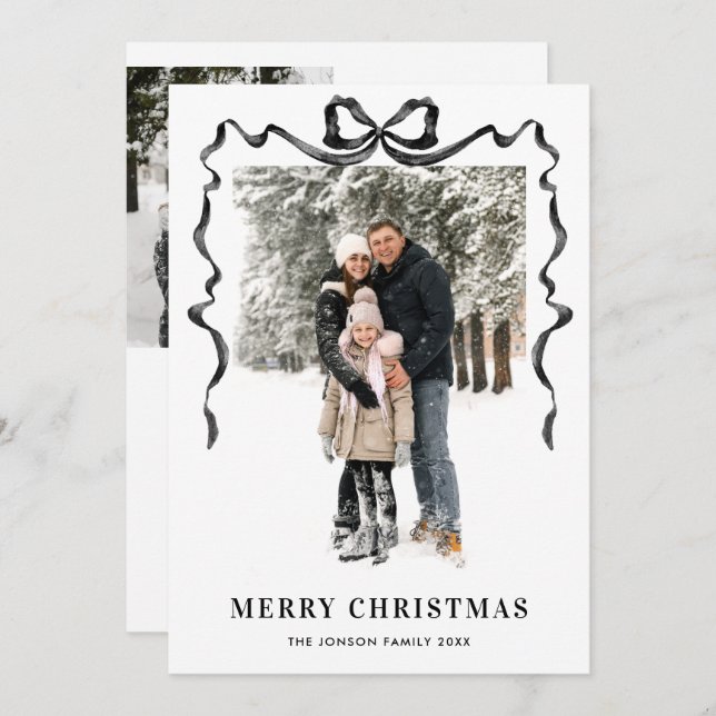 Cartes Pour Fêtes Annuelles Funky Christmas Boho Black Bow Ribbon 3 Photo (Devant / Derrière)
