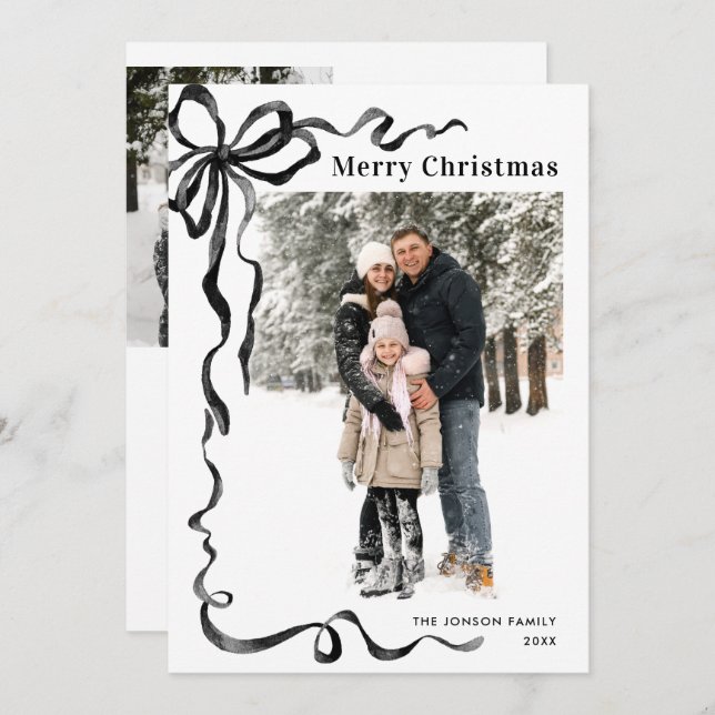 Cartes Pour Fêtes Annuelles Funky Christmas Boho Black Bow Ribbon 3 Photo (Devant / Derrière)