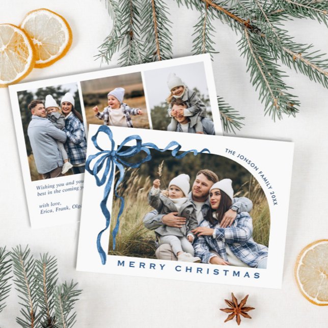 Cartes Pour Fêtes Annuelles Funky Christmas Boho Blue Bow Ribbon 4 Photo (Créateur téléchargé)