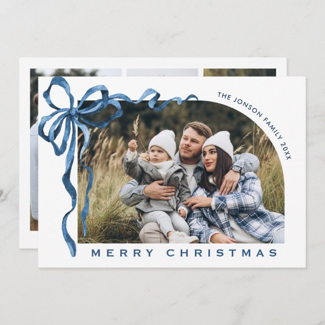 Cartes Pour Fêtes Annuelles Funky Christmas Boho Blue Bow Ribbon 4 Photo (Devant / Derrière)