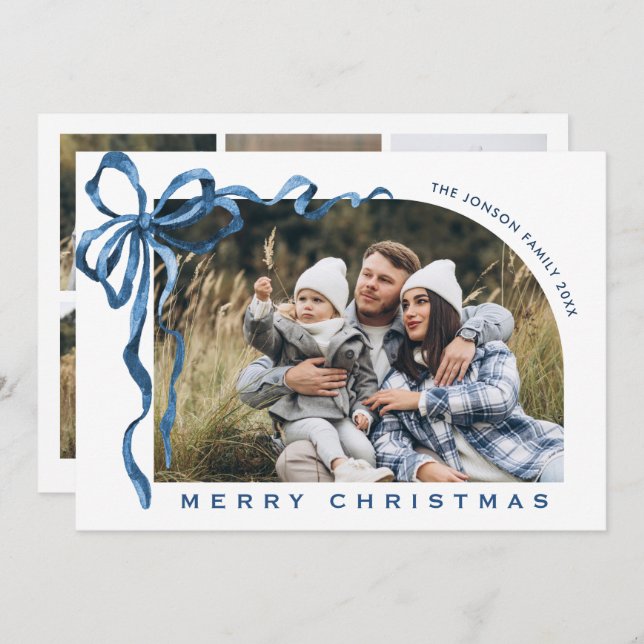Cartes Pour Fêtes Annuelles Funky Christmas Boho Blue Bow Ribbon 6 Photo (Devant / Derrière)