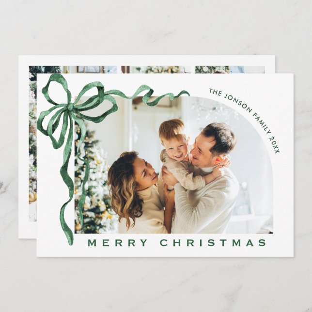 Cartes Pour Fêtes Annuelles Funky Christmas Boho Green Bow Ribbon 4 Photo (Devant / Derrière)