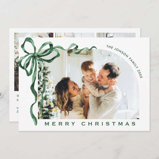 Cartes Pour Fêtes Annuelles Funky Christmas Boho Green Bow Ribbon 4 Photo (Devant / Derrière)
