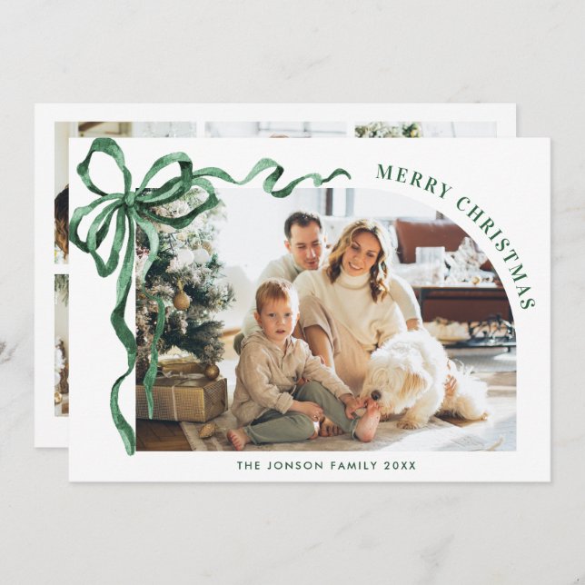Cartes Pour Fêtes Annuelles Funky Christmas Boho Green Bow Ribbon 6 Photo (Devant / Derrière)
