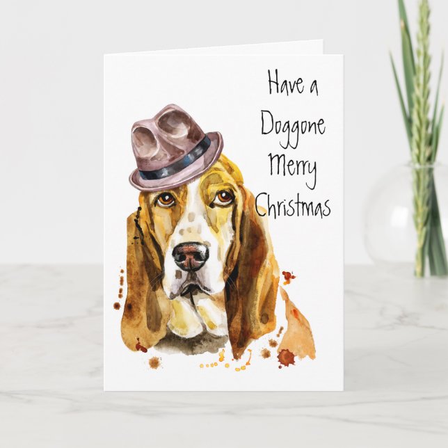 Cartes Pour Fêtes Annuelles Funky Cool Basset Hound avec Casquette Fedora (Devant)