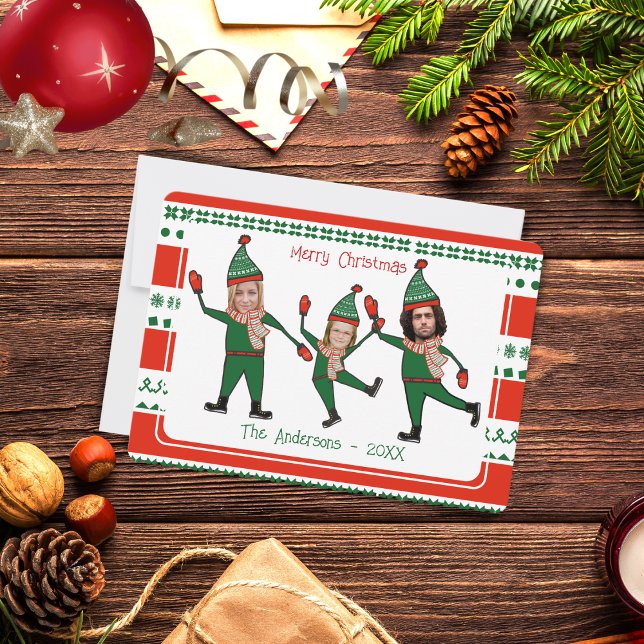Cartes Pour Fêtes Annuelles Funky Elf Family Photo Red Green Joyeux Noël (Créateur téléchargé)