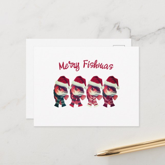 Cartes Pour Fêtes Annuelles Funky Merry Fishmas de Noël Pêche (Devant/Arrière en situation)