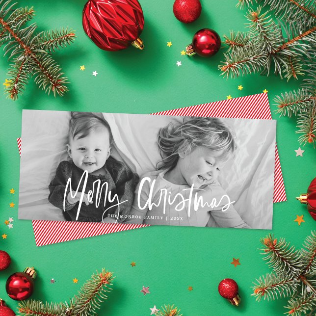 Cartes Pour Fêtes Annuelles Funky Modern White Calligraphy Script Photo (Créateur téléchargé)